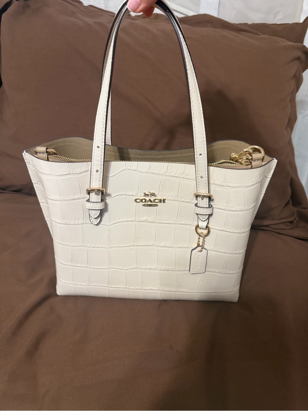 Coach Cream Croc-Embossed Leather Tote with Gold Hardware